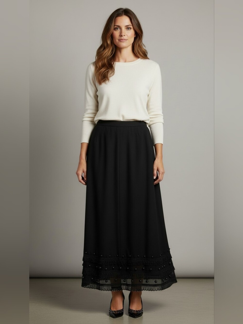 Elegant Black Maxi Skirt with Trim Detail